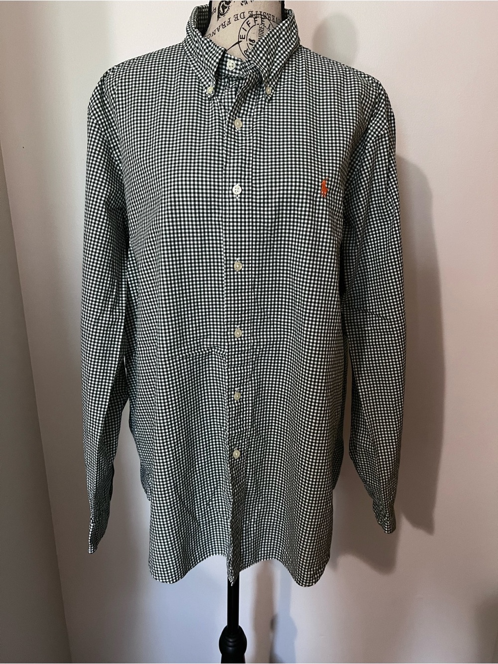 Ralph Lauren Mens Oxford Shirt XL Green White Gingham Check Orange Pony